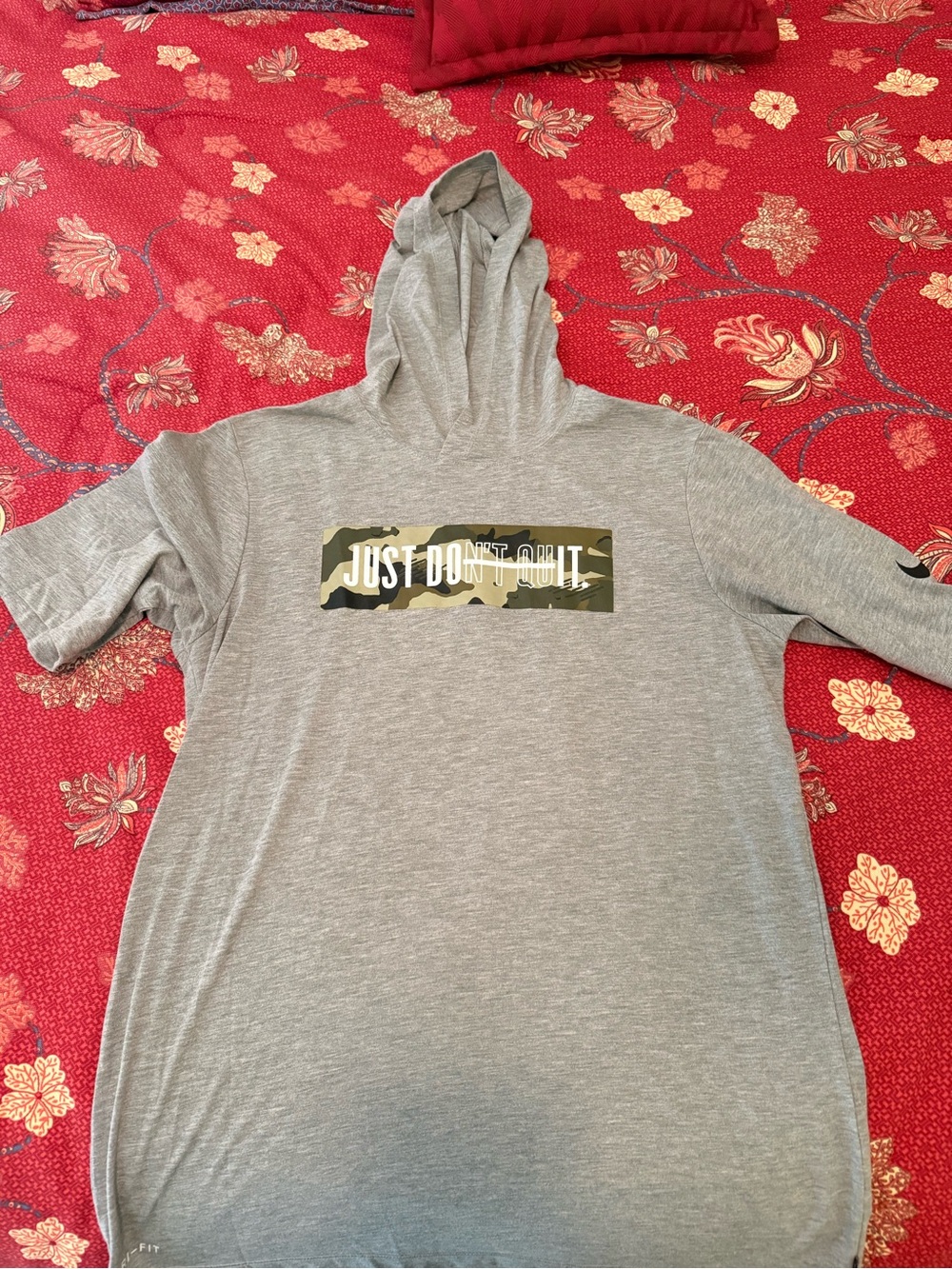 Nike Gray Hooded Tee with Camo 'Just Don't Quit' Logo